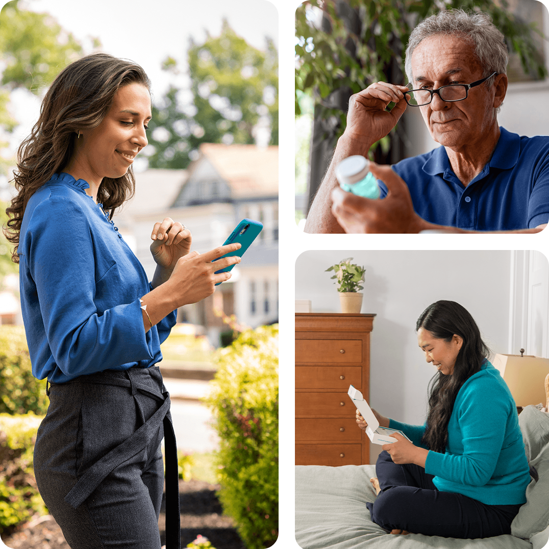 Woman looking at phone, man looking at medication, woman opening test box