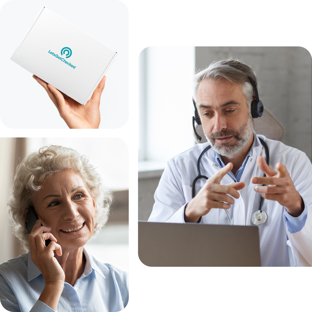 woman on the phone with a doctor and a test kit box in hand