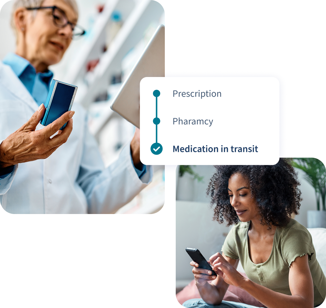 Collage showing a pharmacist handling medication and a woman checking her phone to see that her medication is in transit.