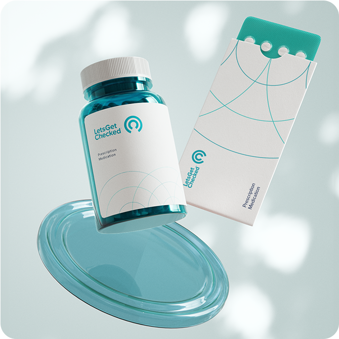 Floating LetsGetChecked branded pill bottle, and tablet box. Floating LetsGetChecked branded pill bottle, and tablet box.