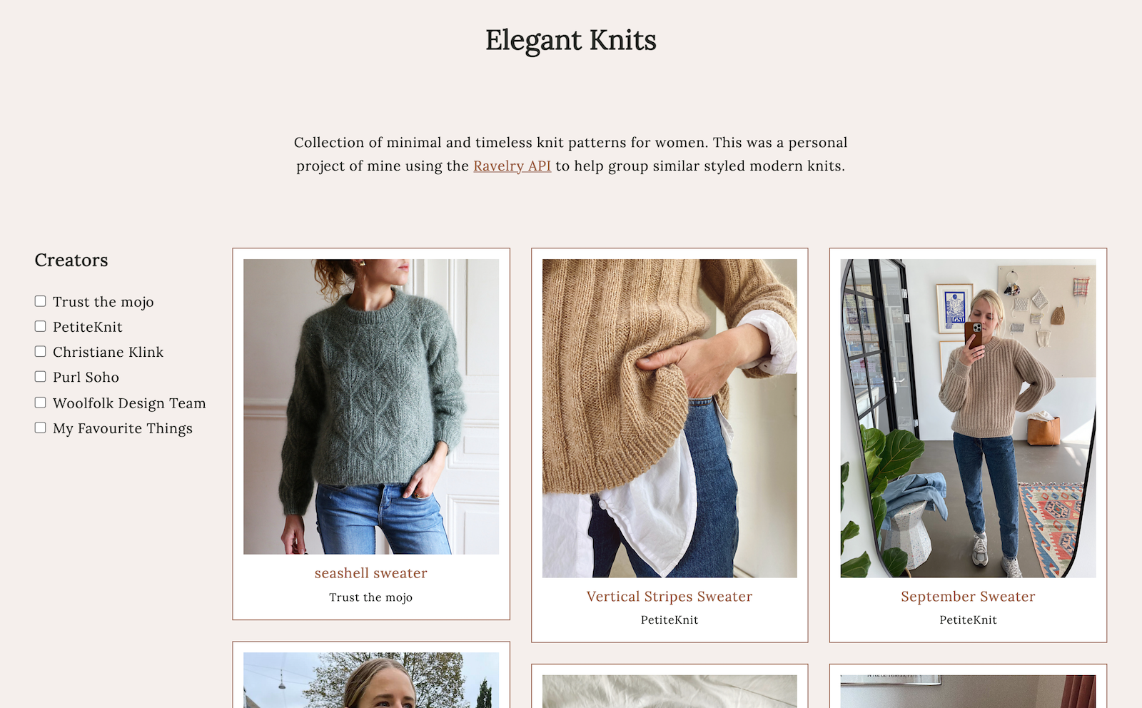 Collection of knit patterns from Ravelry