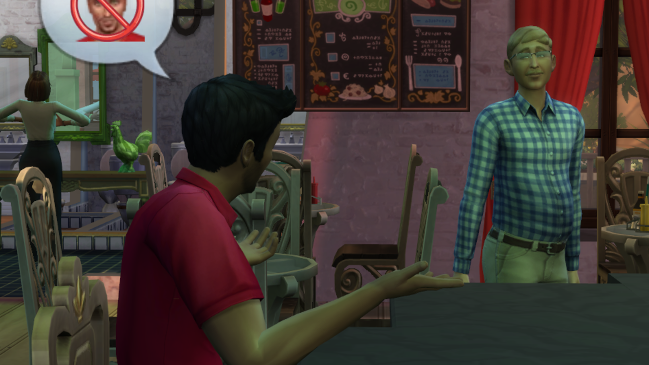 Zdjęcie z gry the sims 4 pokazujące rozmowę dwóhc przyjaciół o innej osobie