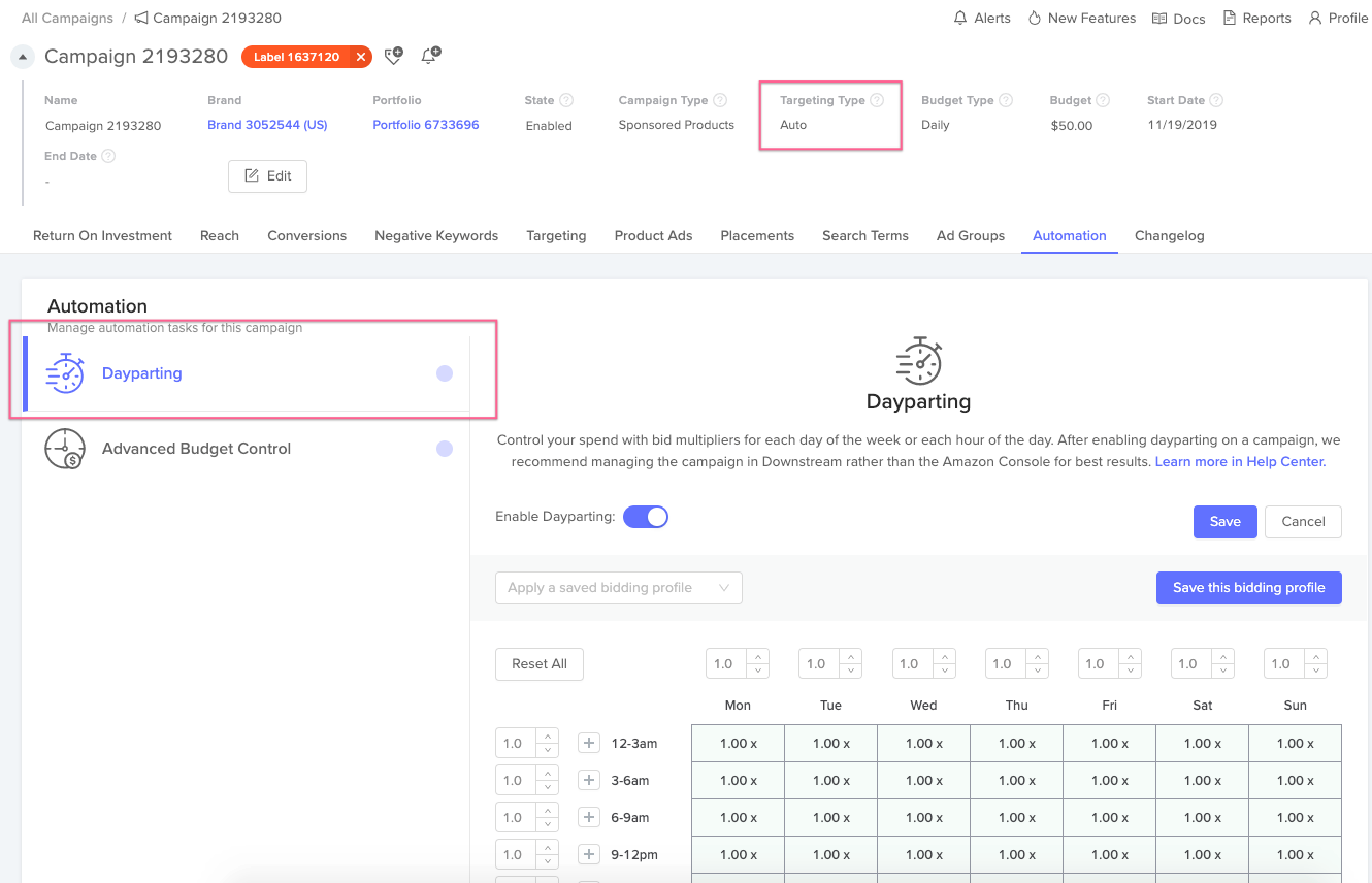 Dayparting available on auto-targeted campaigns