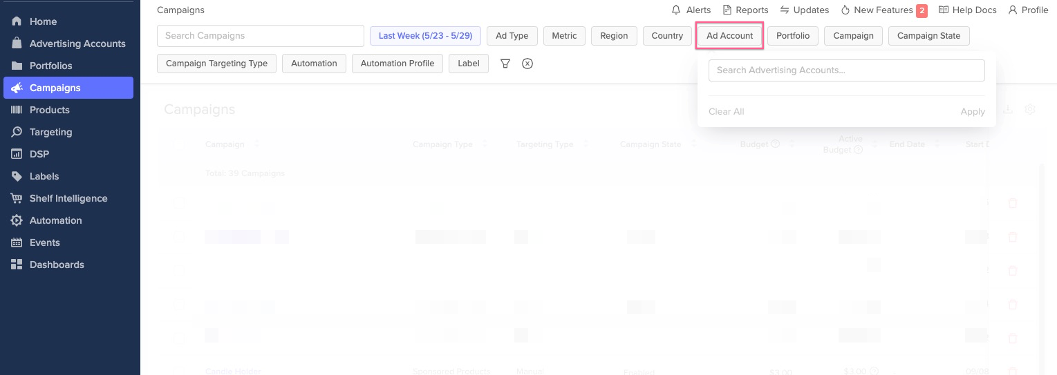 The "Brands" filter is now "Advertising Accounts" 