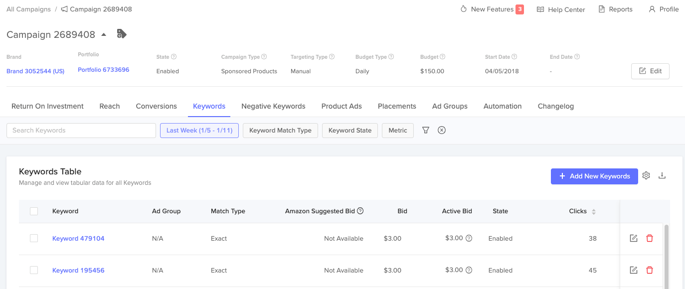 Filtering on campaign Keywords tab