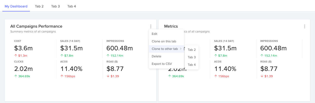 Users can now clone widgets to other tabs in Dashboards