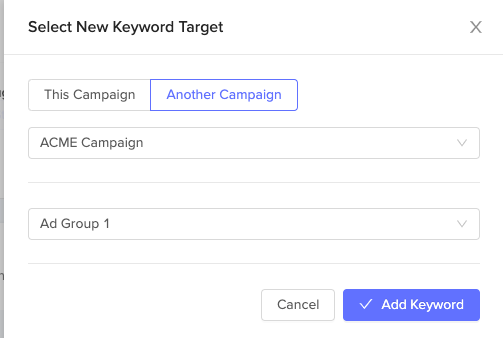 Then choose the target campaign for the suggested keyword.