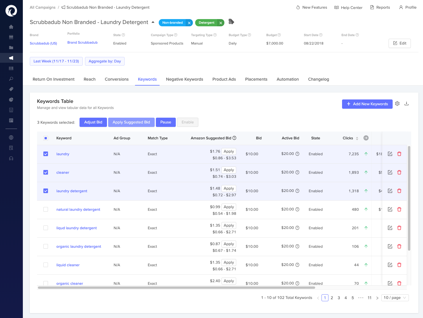 Apply suggested bids in bulk by selecting multiple keywords then clicking the "Apply Suggested Bid" button.