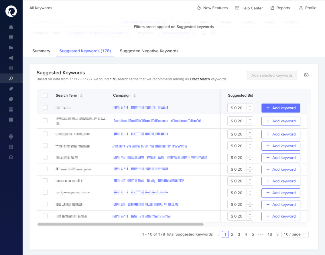 First, click the "Add keyword" button for a particular suggested keyword.