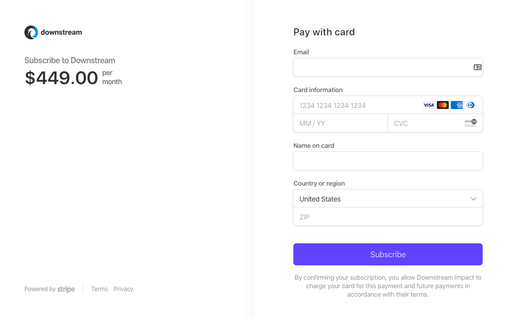 Downstream now supports credit cards as a payment method