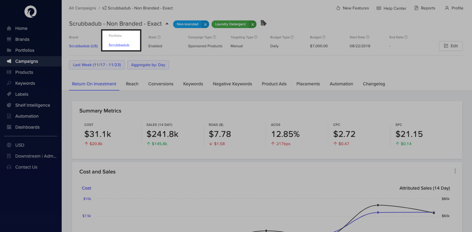 Campaigns can be added or removed from portfolios directly from the campaign page.
