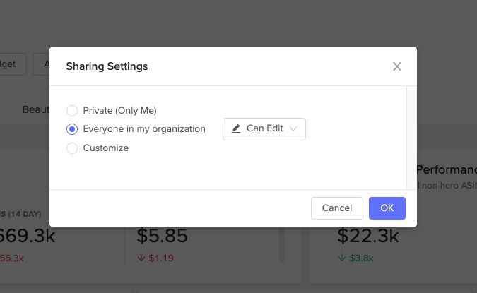 Sharing settings available to individual dashboards