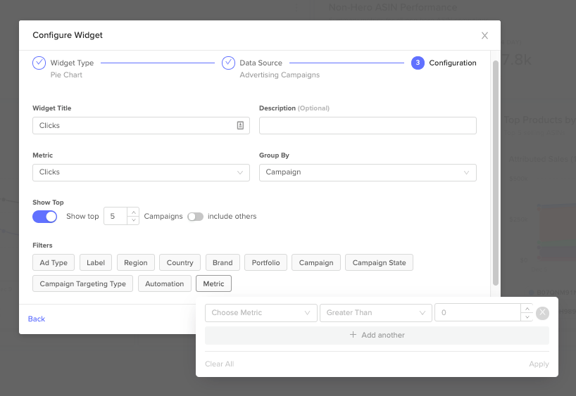 Users can now filter Dashboard pie charts and line charts using the metric filter