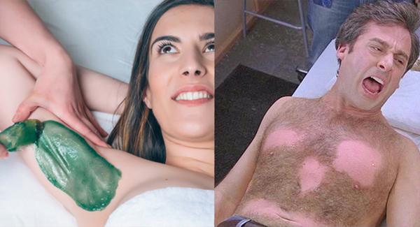 Left: A woman smiles during a waxing treatment. Right: Steve Carell grimaces in pain while getting his chest waxed.