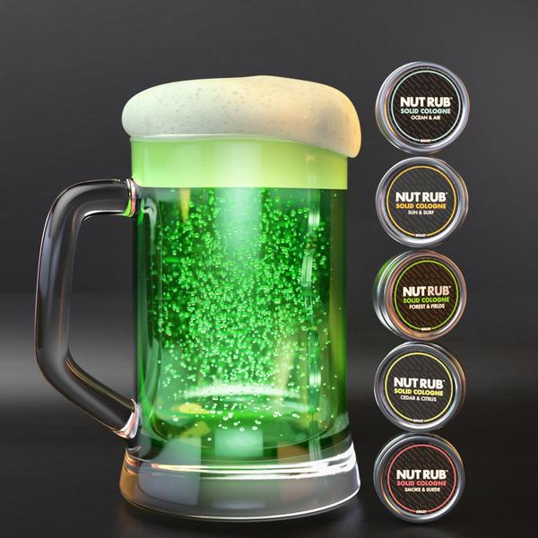 A pint of green beer next to five assorted cans of Nut Rub