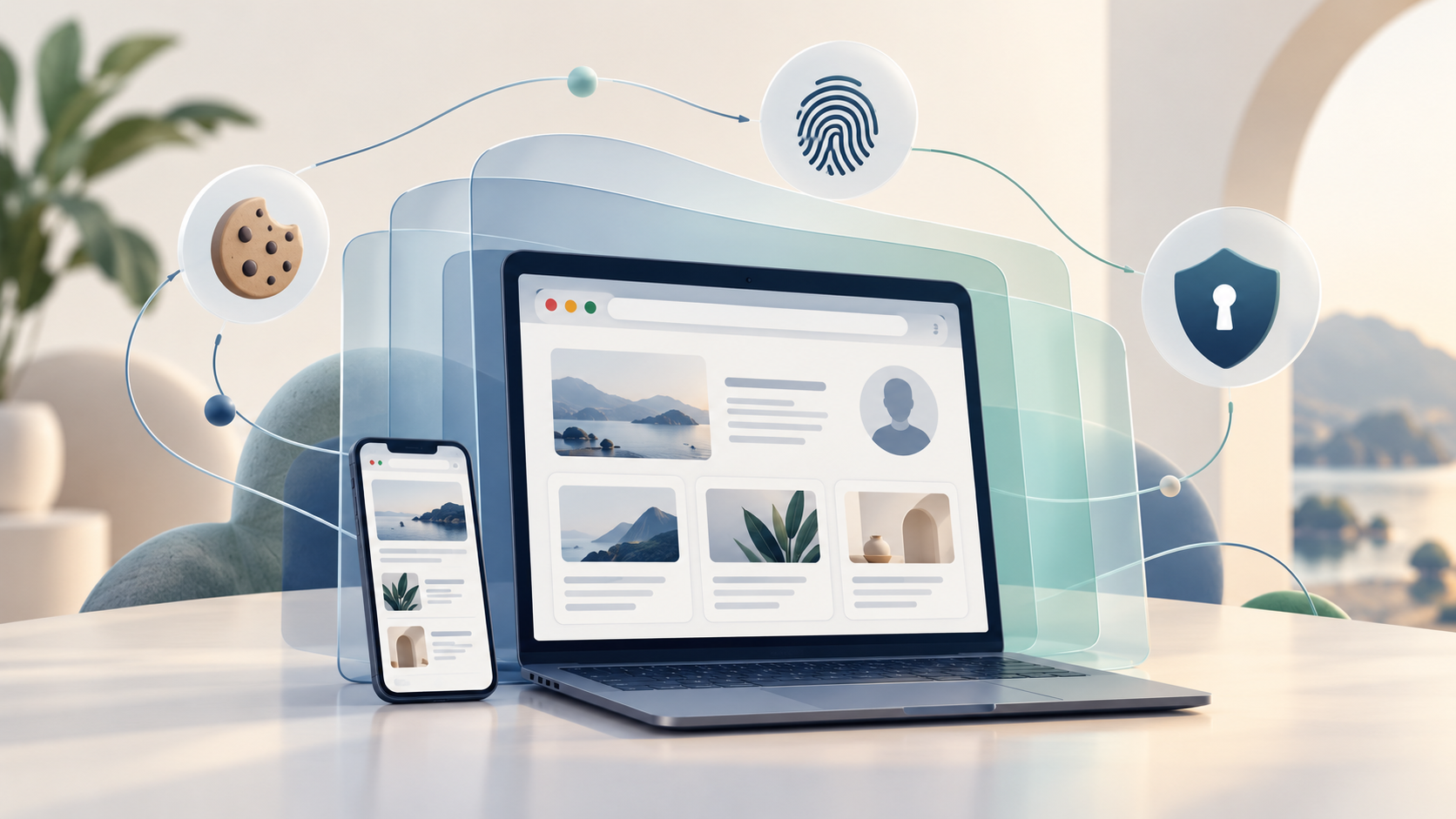 Illustration av en dator och mobil med symboler för cookies, digitala fingeravtryck och integritetsskydd.