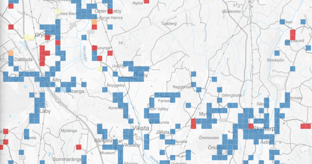 Karta med bredbandstäckning på områdesnivå. 