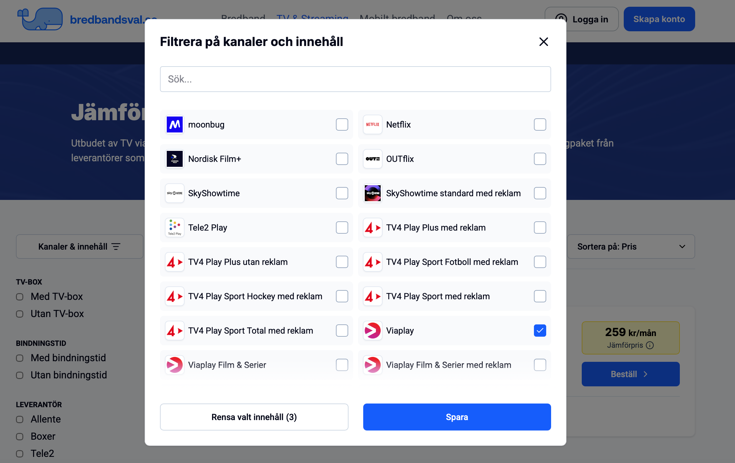 Filtrera på tv-kanaler och streamingtjänster med och utan reklam