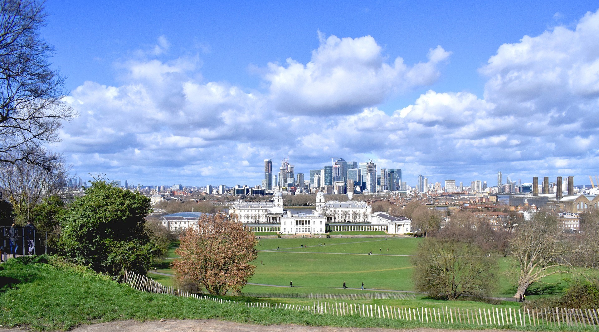 a city skyline with a park in the foreground