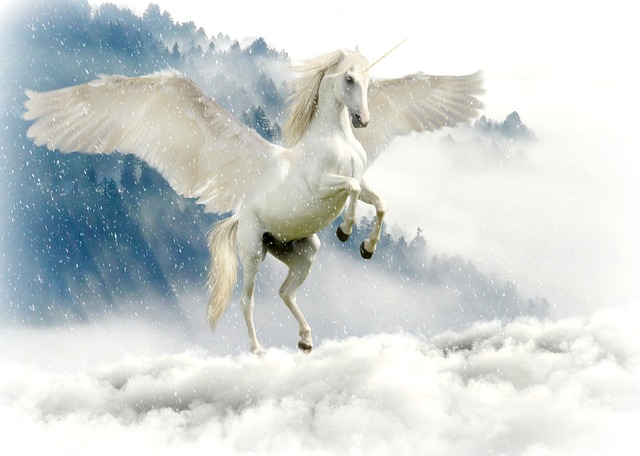 a horse with wings and a white mane and tail in the air
