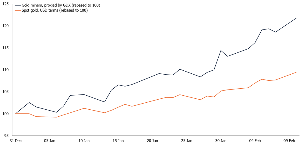 Gold miners versus spot gold, 2025 year-to-date