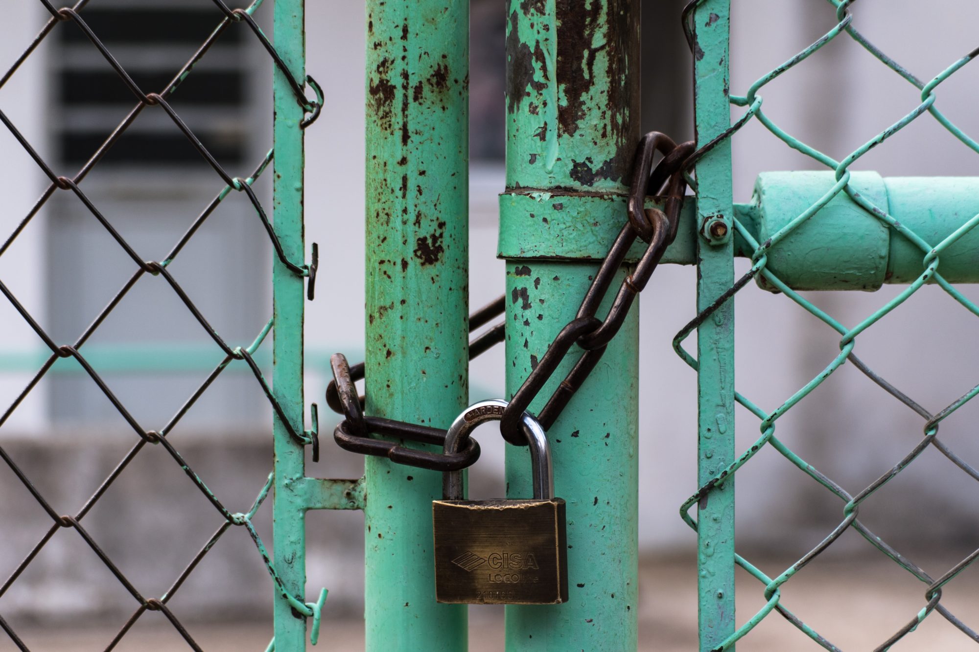 a metal padlock on a green metal gate