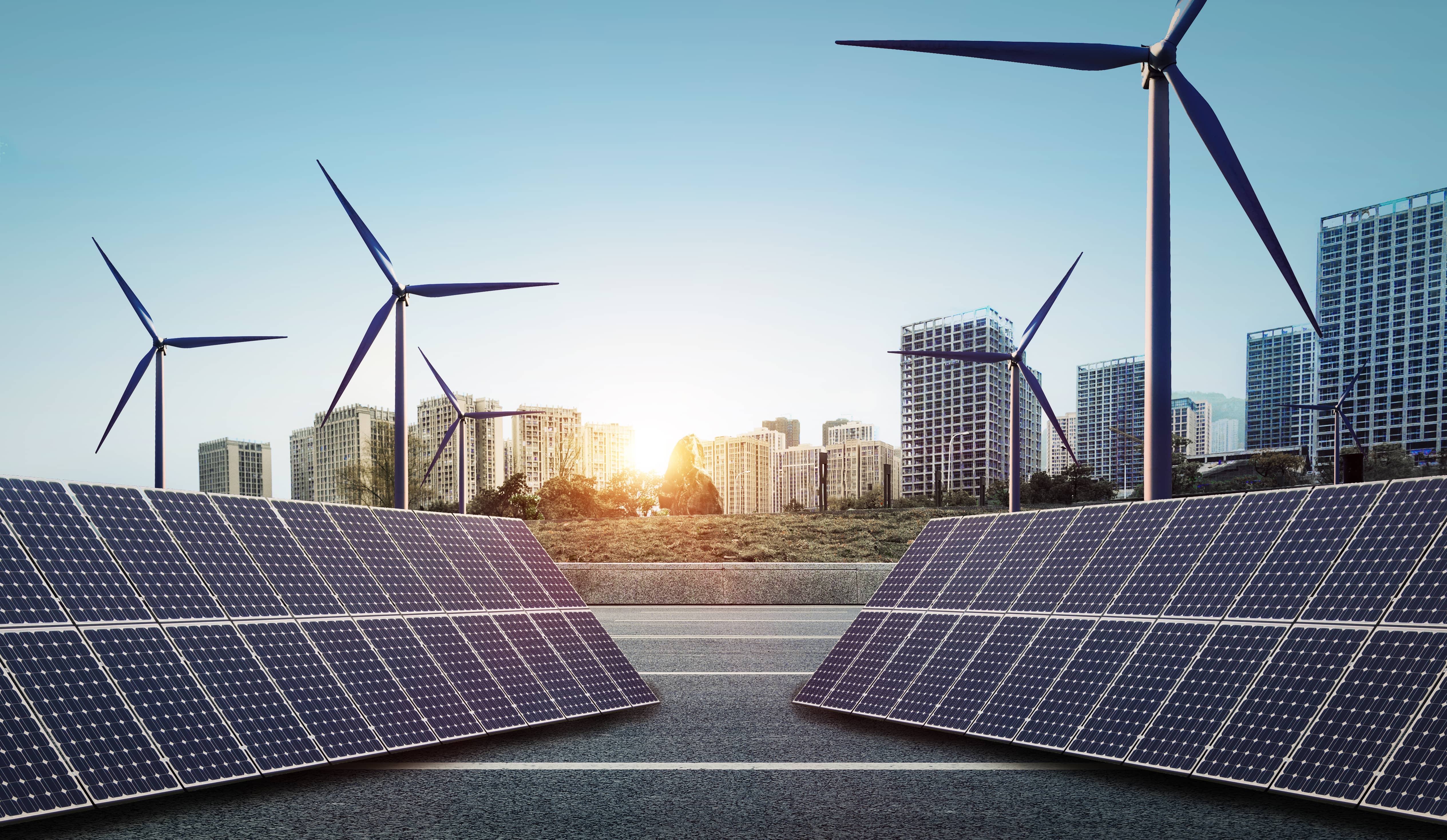 a group of windmills in a city