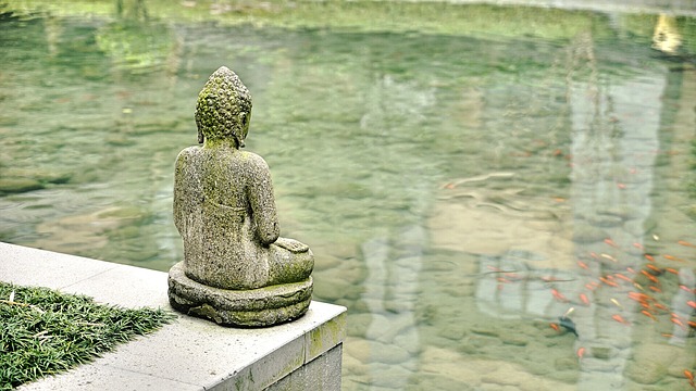 a statue of a person sitting on a stone ledge in a pond
