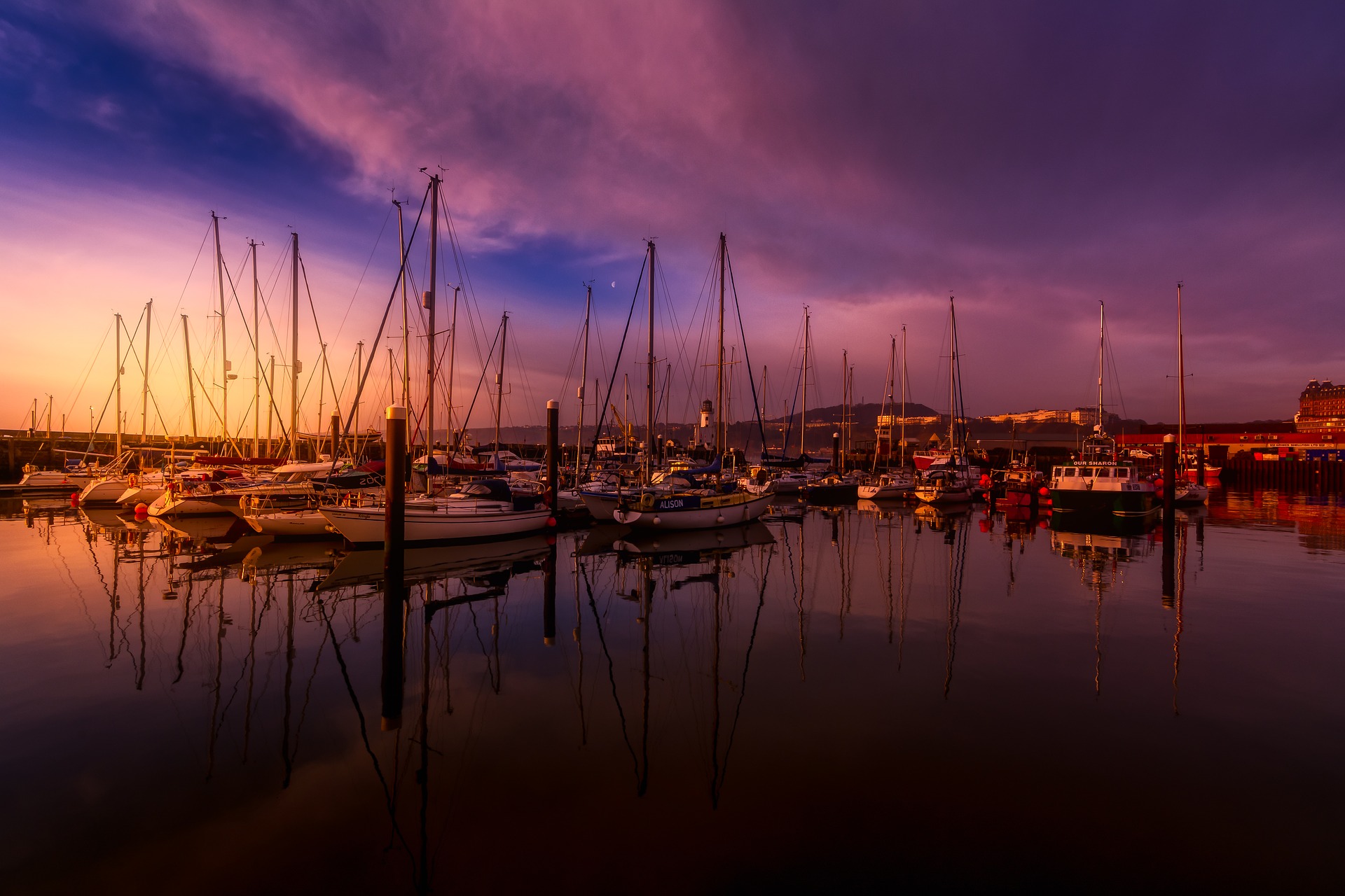 a group of sailboats in a harbor at sunset