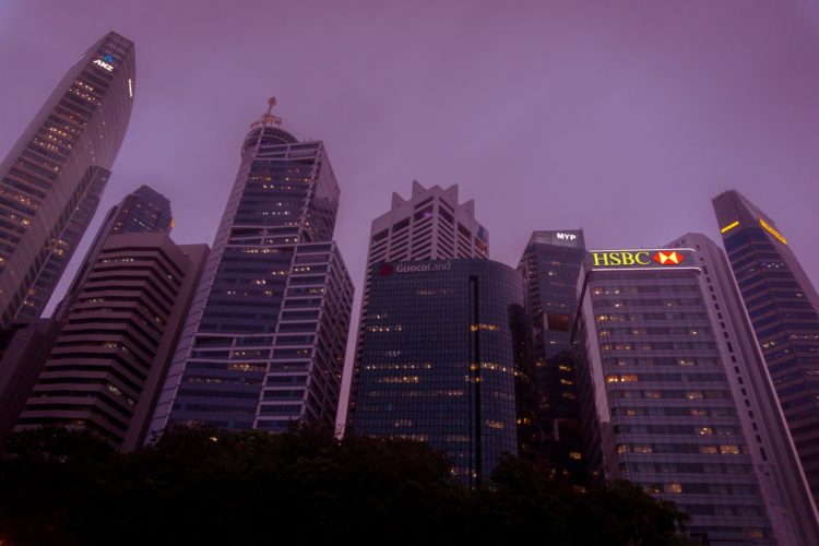 a city skyline at night