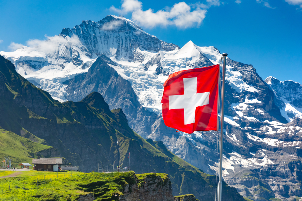 a flag on a pole in front of a mountain range