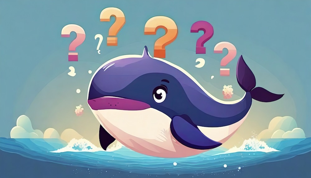An illustrated whale, thinking hard, with questions