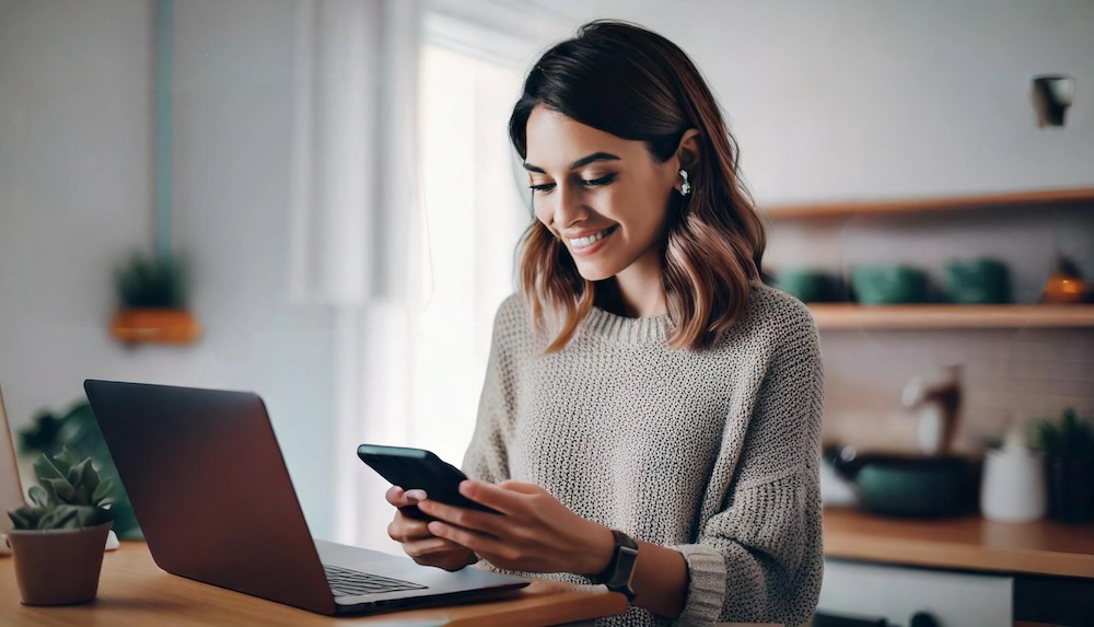 woman using computer and phone