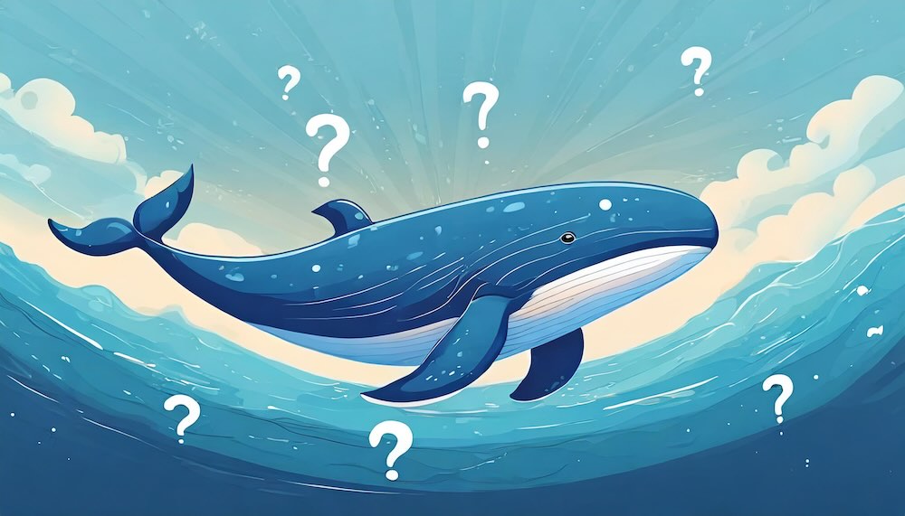 An illustrated whale, with lots of question marks