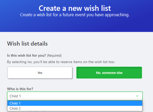  Image 1: Creating a new wish list using the new child accounts