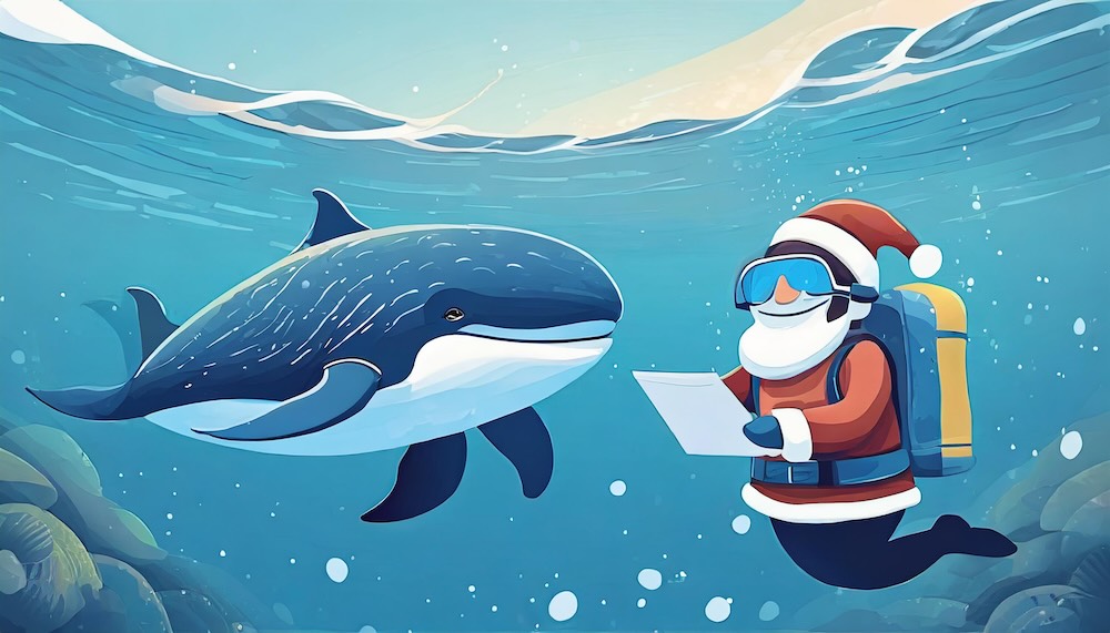 A friendly illustrated whale, giving a written Christmas wish list, to Santa