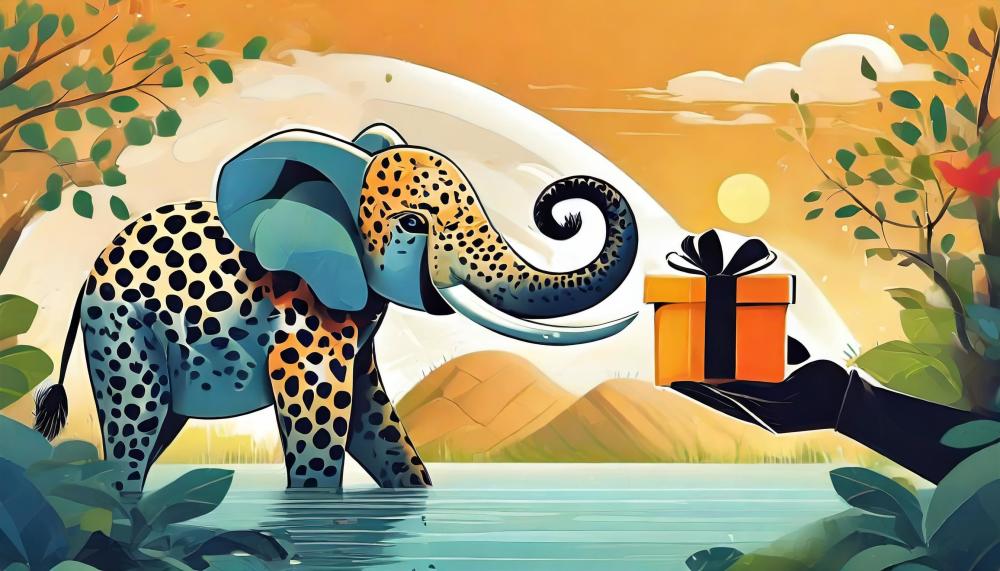 Promotional image for charity, showing an elephant receiving a gift