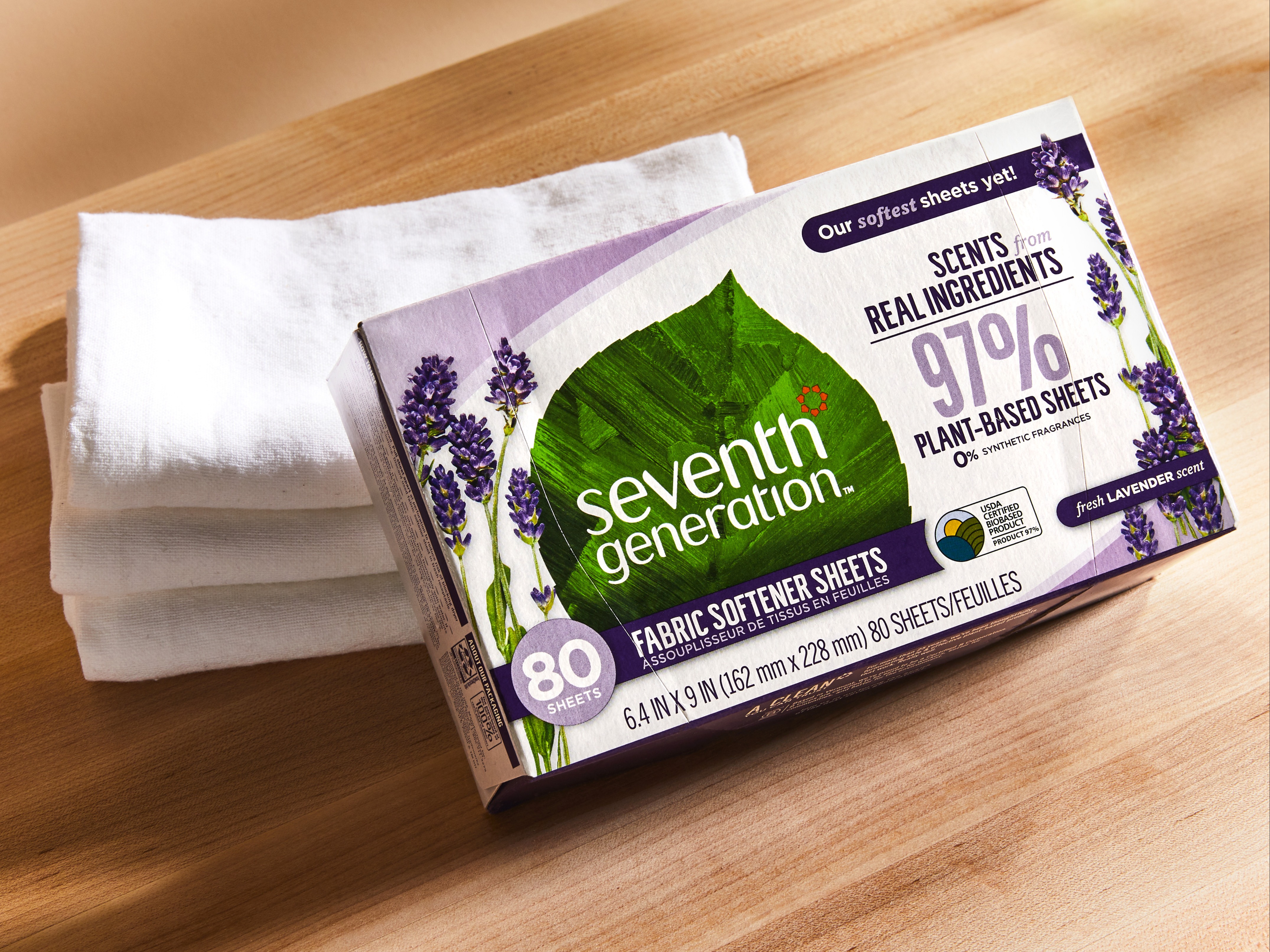 Image of Seventh Generation Lavender dryer sheets in box with box propped up on 3 white cloths