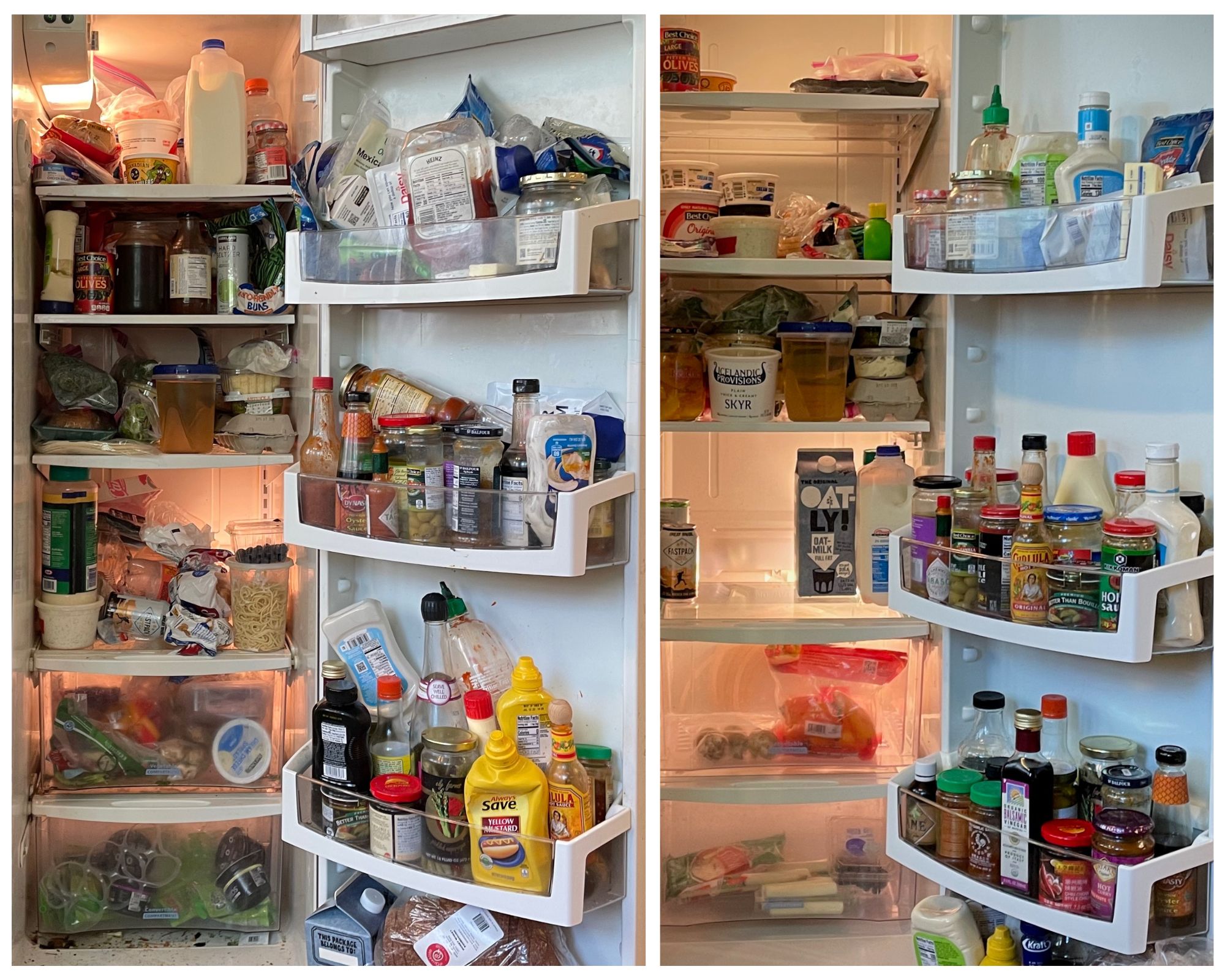 a double photo collage of an open refrigerator with a messy before and a clean after