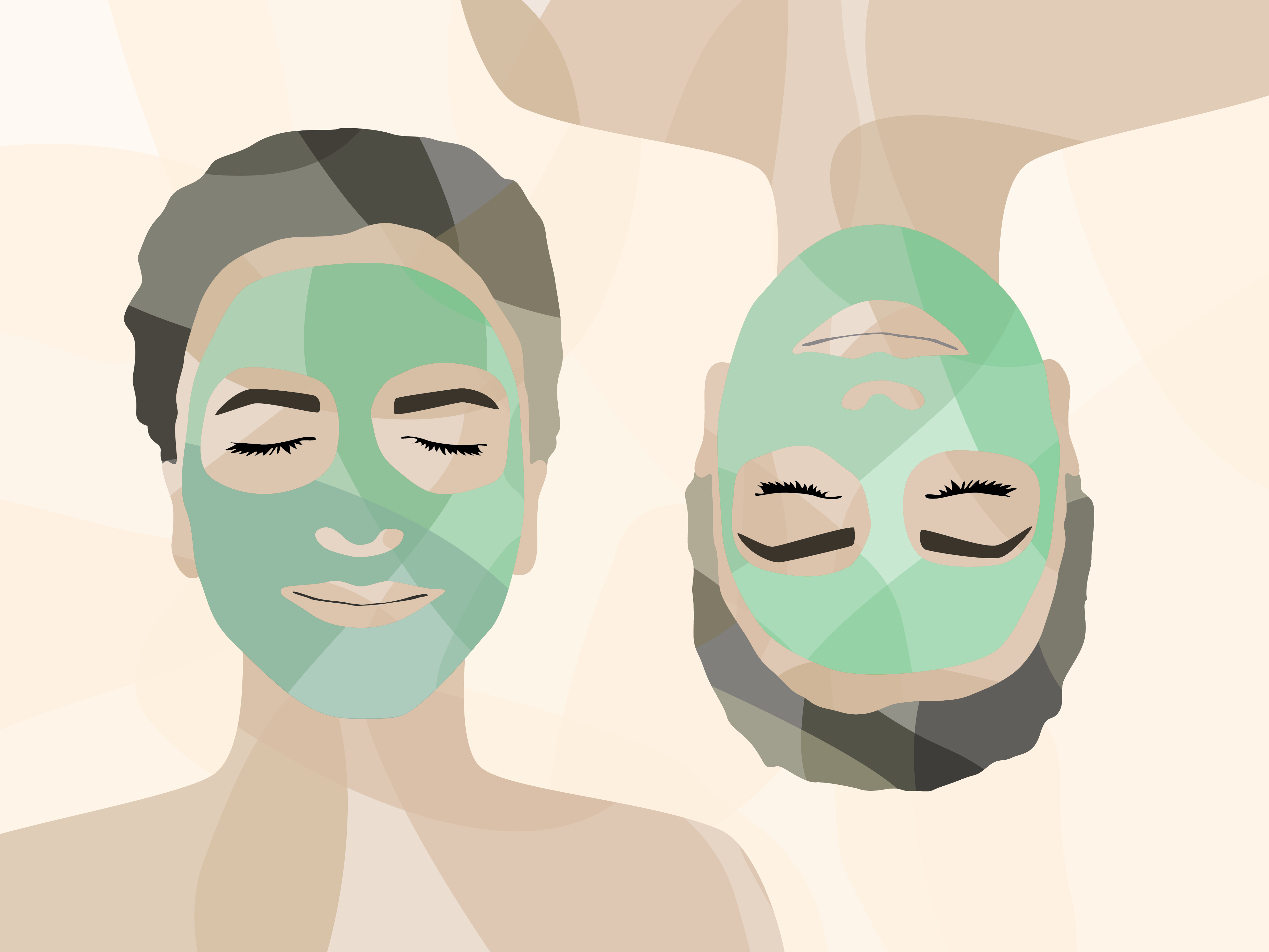 Illustration of two people wearing face masks with one flipped upside down