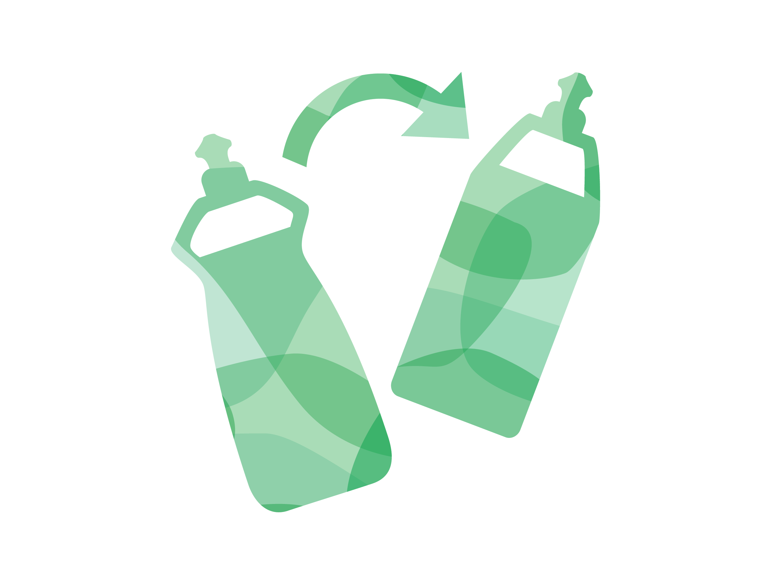 Green illustration of cleaning products with arrow pointing from one to the other 
