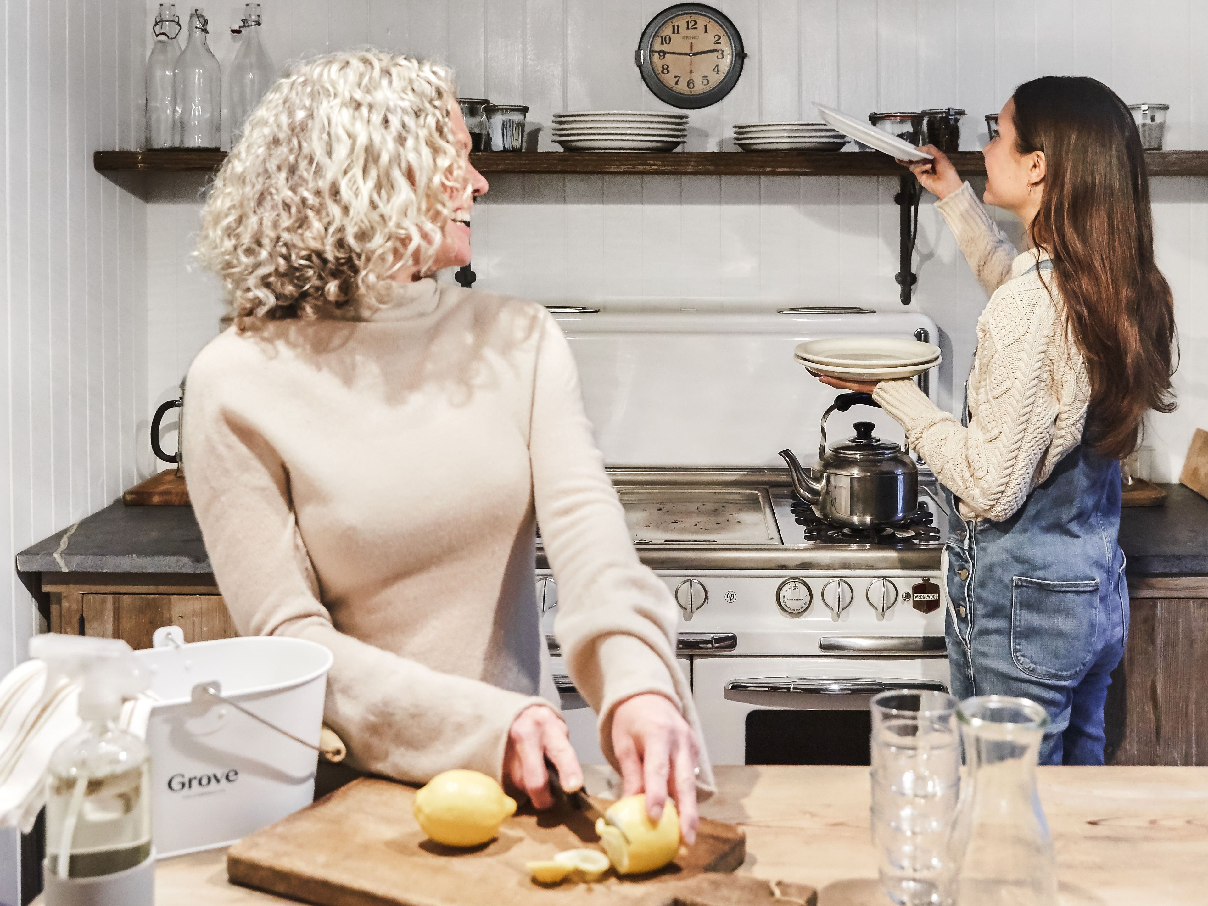 Image of older woman cutting vegetables on cutting board looking behind her at younger woman putting away dishes above stove