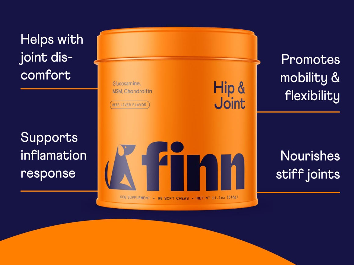 Image of Finn Hip & Joint orange container on blue background