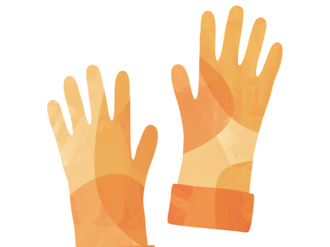 Illustration of two orange gloves to wear while cleaning baby toys.