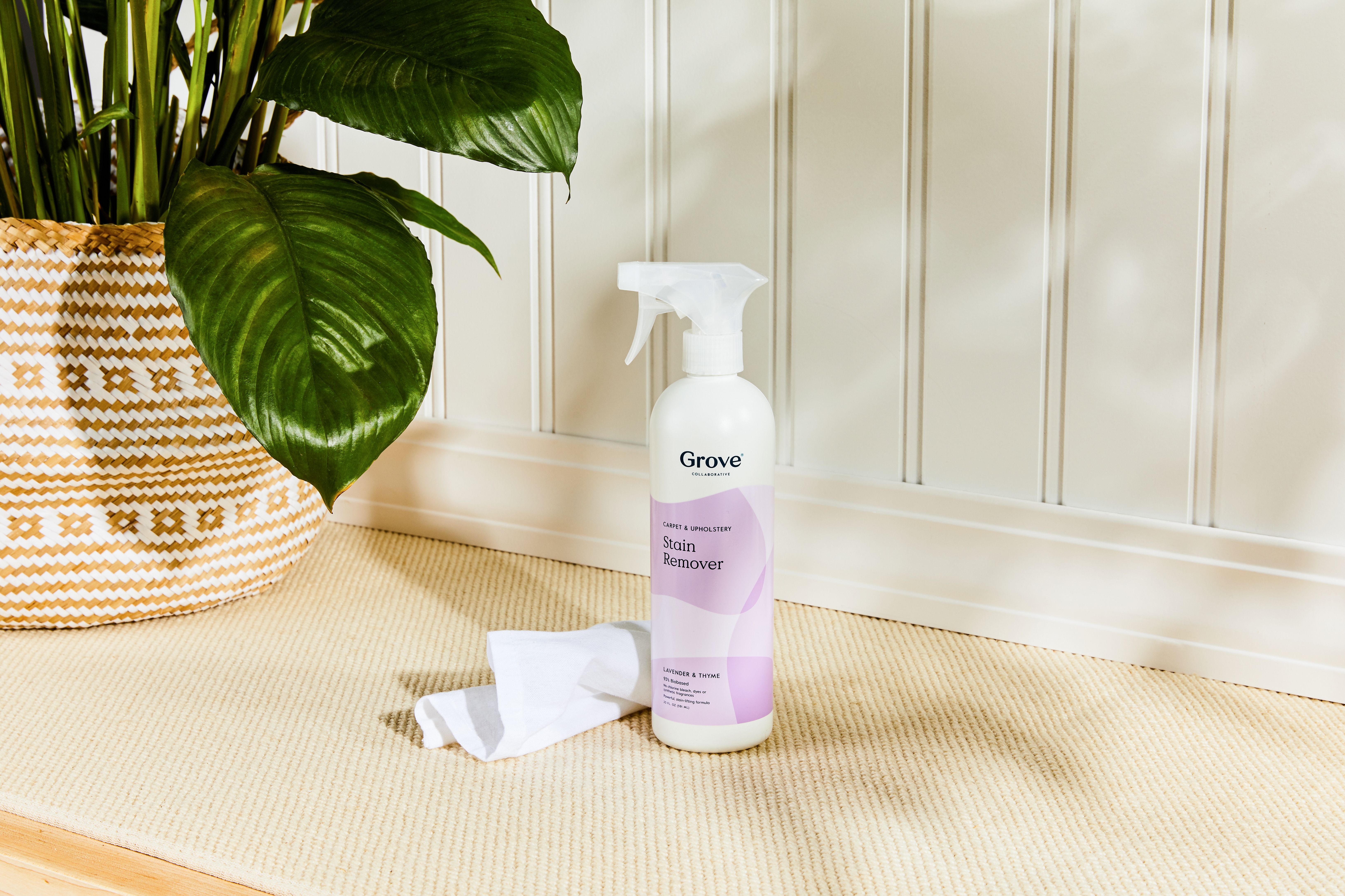 image of Grove stain remover next to cloth on stained carpet
