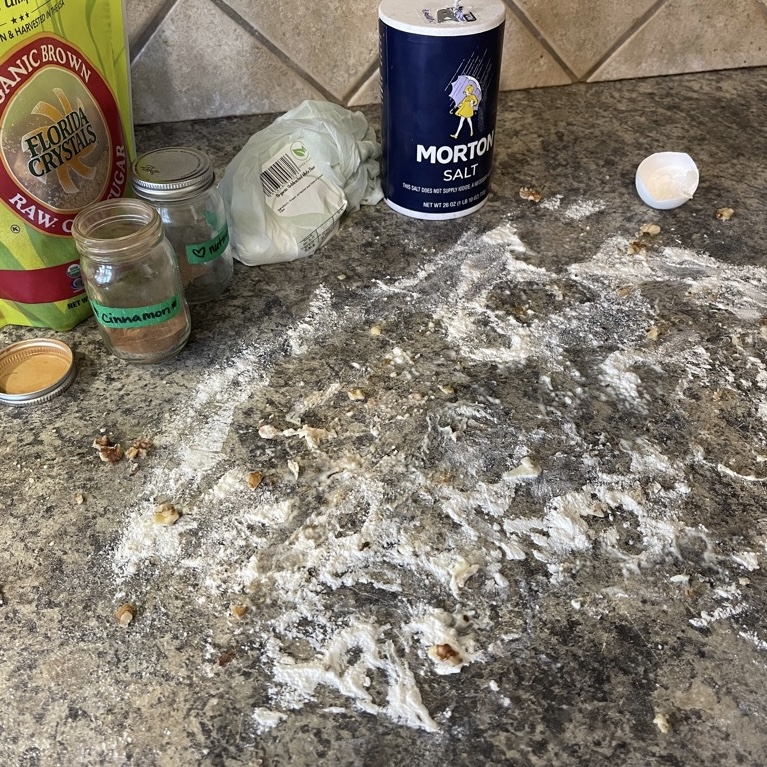 Messy counter after a baking project with flour and dough all over