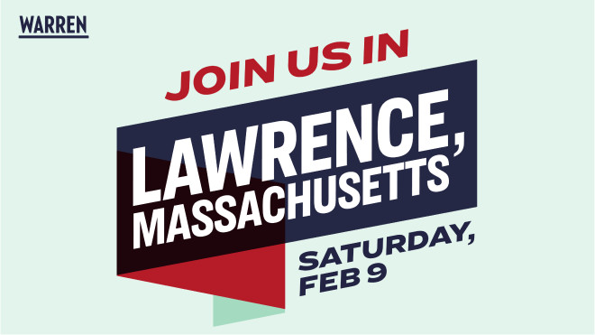 A speech promotion graphic that reads "Join us in Lawrence, Massachusetts Saturday Feb 9"