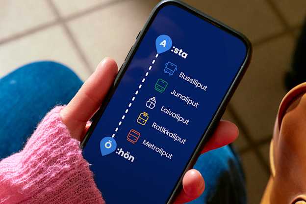 Matkat-sovelluksen kuva, jossa kuvattu eri joukkoliikennevälineet ikoneina ja matkaketjuna