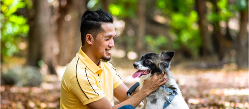 Man stroking a dog outdoors