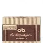 Bilde av en tidligere versjon av o.b. tampong pakke. Gul- og brunfarget med striper.